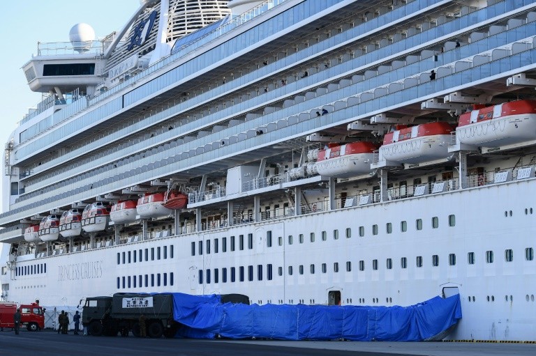 Japanese military personnel set up a covered walkway next to the quarantined Diamond Princess cruise ship in Yokohama port